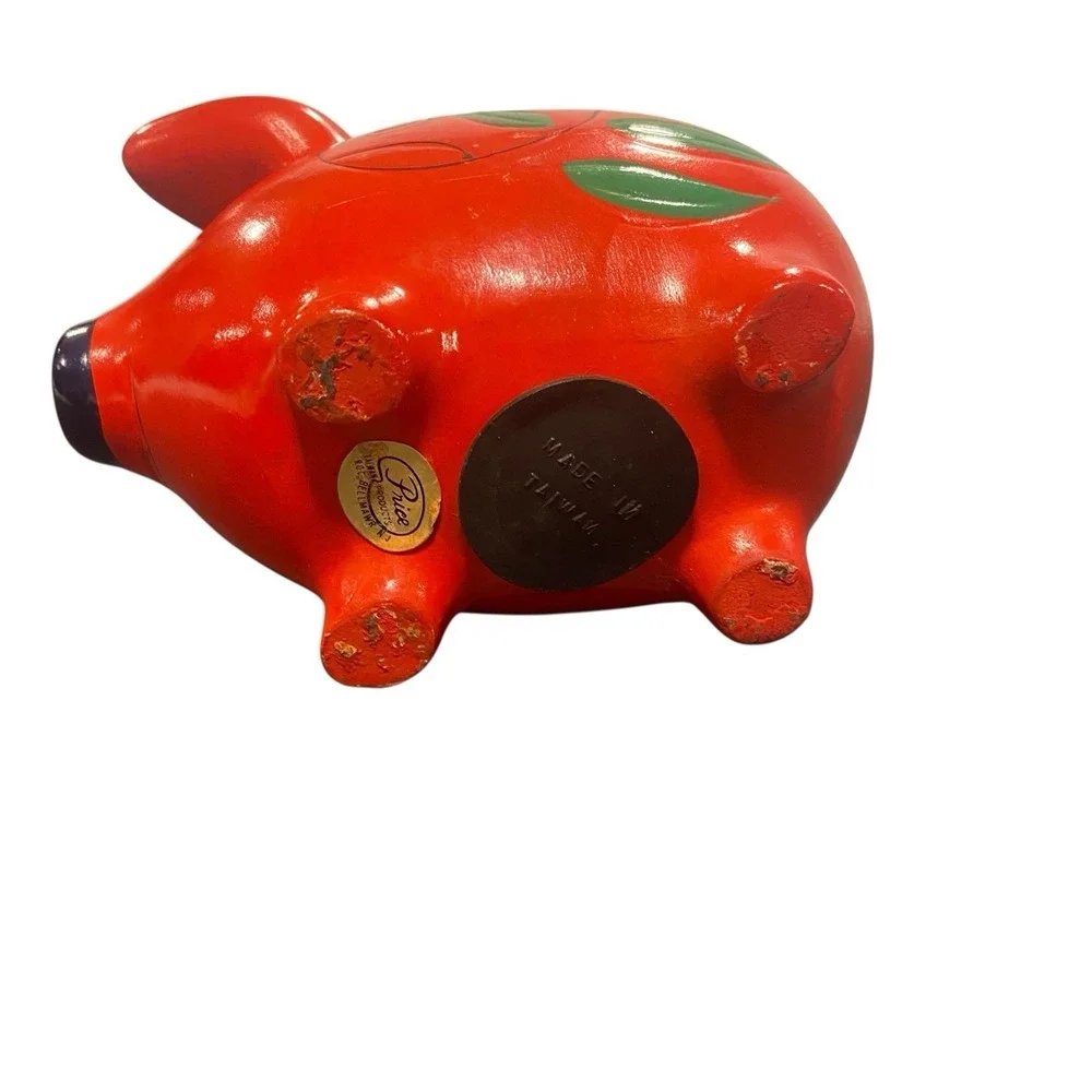 Folk Art Handpainted Piggy Bank Red/Yellow Flowers Tail Handle Ceramic Retro